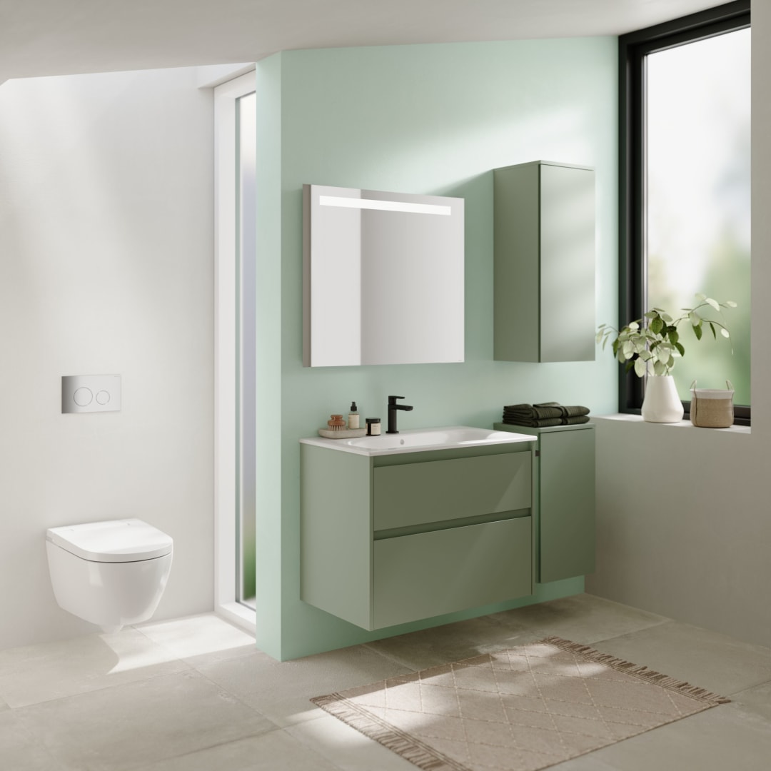 Geberit Renova Plan Mittelhochschrank m.1 Tür 33x85x29,7cm, salbeigrün/l. seidenm.