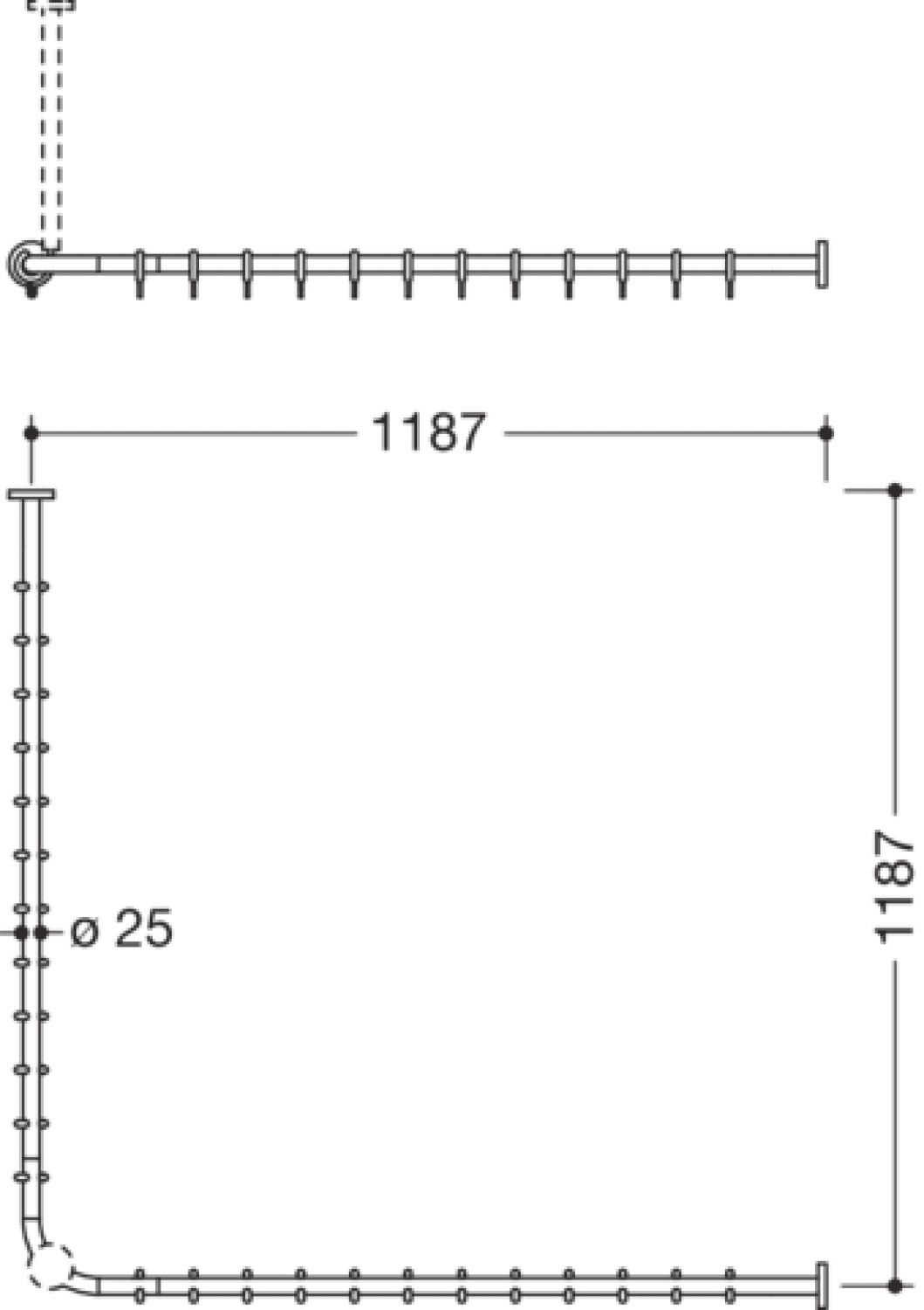 HEWI VH-Stange, d:25,A1/A2=1187, 24 Ringe, schliff