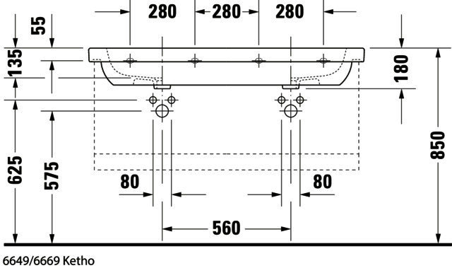 DU Möbel-Doppelwaschtisch D-Code 1200 mm mit ÜL, mit HLB, 1 HL pro Becken, weiß