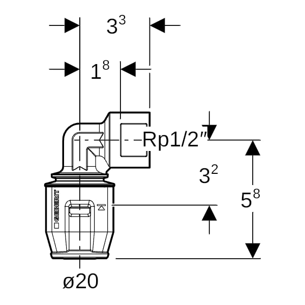 Geberit PushFit Übergangsbogen 90Gr mit IG Rg d20-Rp1/2