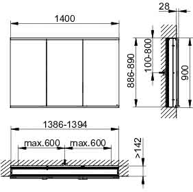 KEUCO Royal Modular 2.0 SPS, bel. 80031, Einb,1Steckd/USB,sb-elox,1400x900x160mm