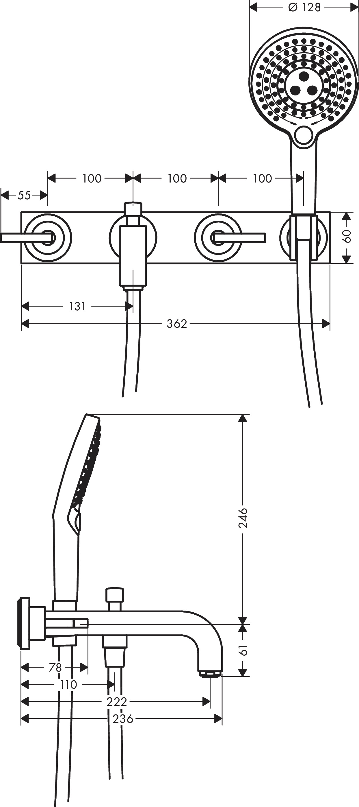 Hansgrohe 3-L.Wannenarmatur Axor Citterio F-Set Wand chrom m.Hebelgriff/Platte u.Handbr.
