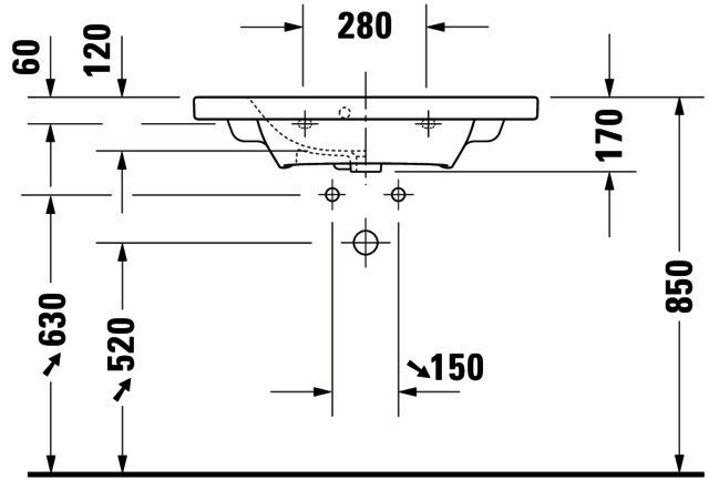 DU Möbelwaschtisch DuraStyle 785 mm mit ÜL, mit HLB, 1 HL, weiß