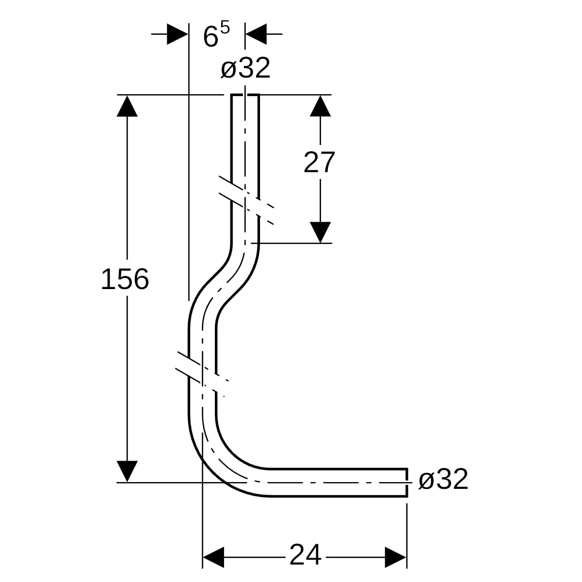 Geberit Spülbogen 90Gr 156x24 cm gekröpft d32