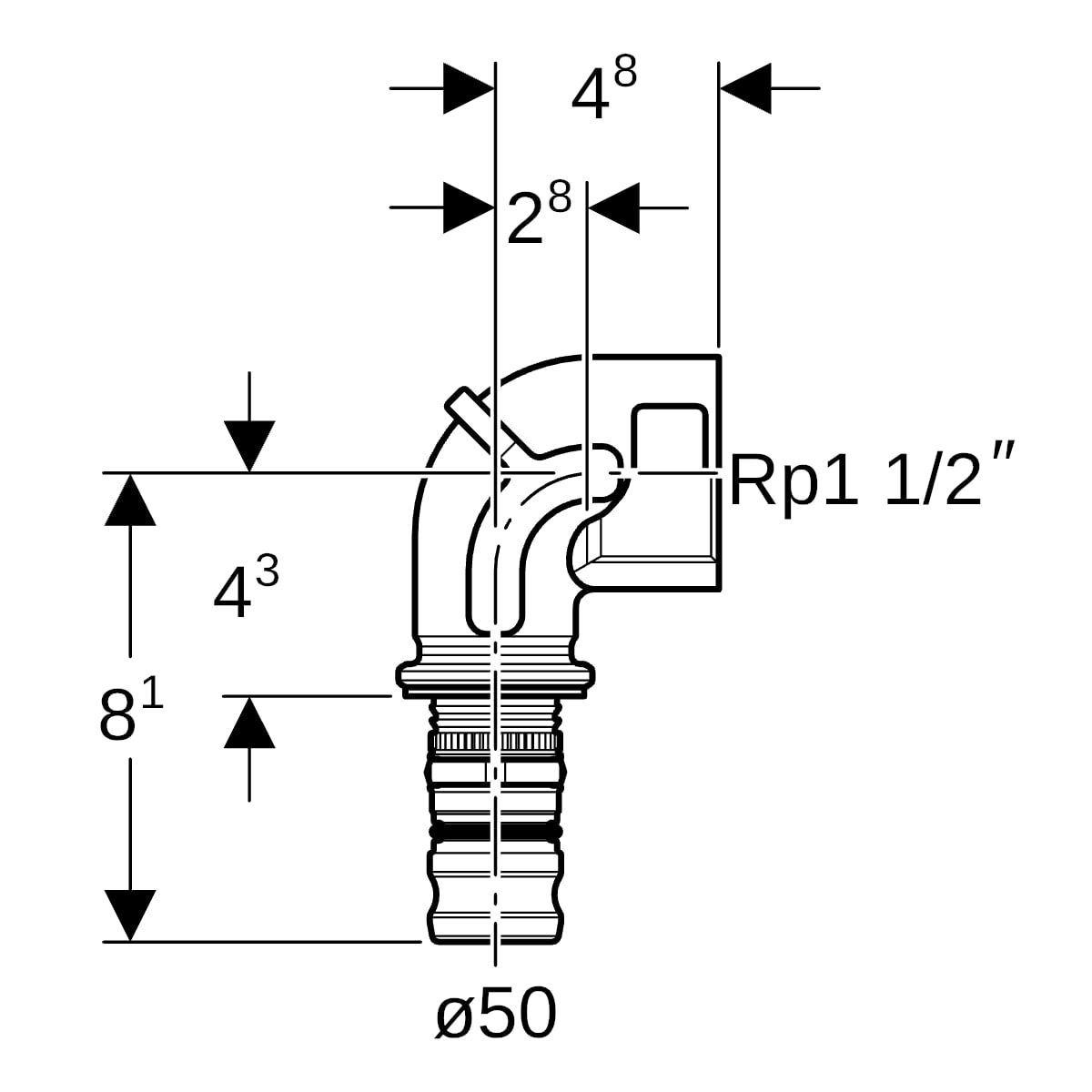 Geberit Mepla Übergangsbogen 90Gr mit IG Rg d50-Rp1 1/2