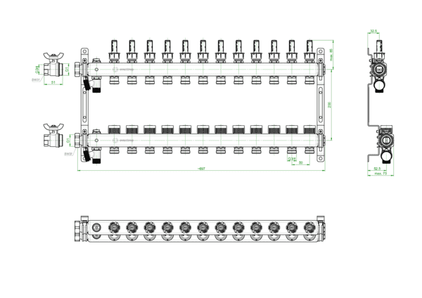 OVENTROP-Edelstahlverteiler 0-5 l/min., für 12 Kreise