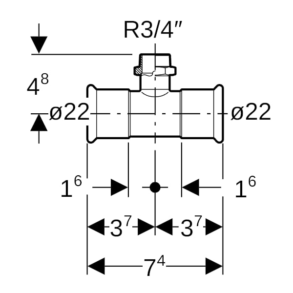 Geberit Mapress Edelstahl T-Stück mit AG d22-R3/4-22