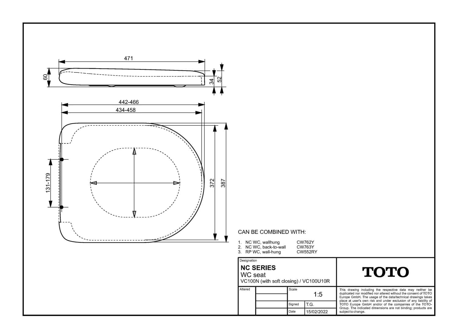 Toto Europe WC-Sitz VC100N weiß abnehmbar, m.Absenkautomatik, ES-Scharn.