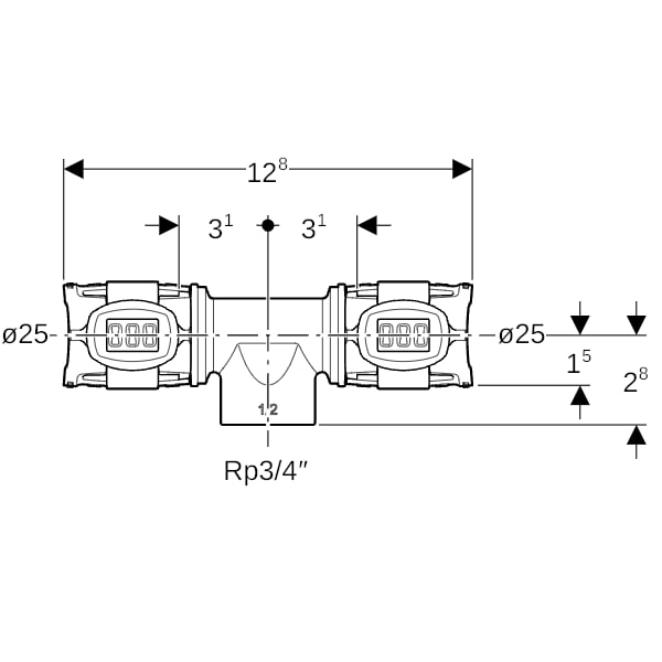 Geberit FlowFit T-Stück mit Innengewinde Rg+ d25-Rp3/4-25