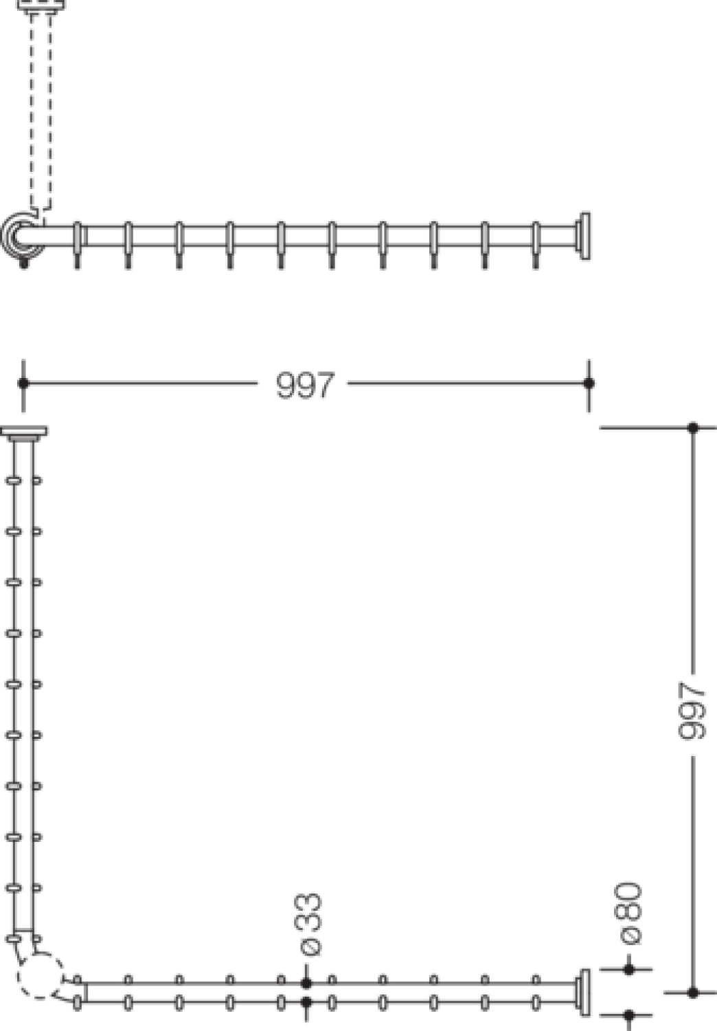 HEWI VH-Stange Ser 801, AM:983x983mm, 20 Ringe, suizidhemmend reinweiß