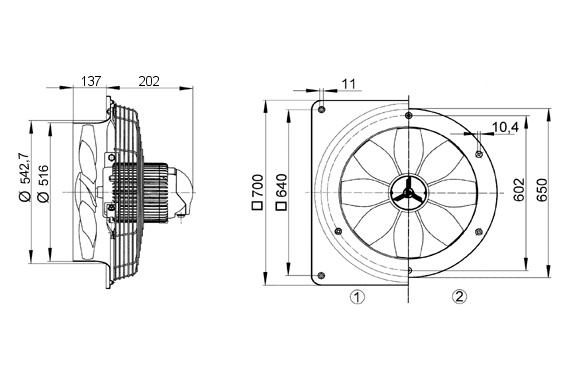 Maico Axial-Wandventilator DZQ 50/4 B quadrat. Wandplatte, Drehstrom, DN500