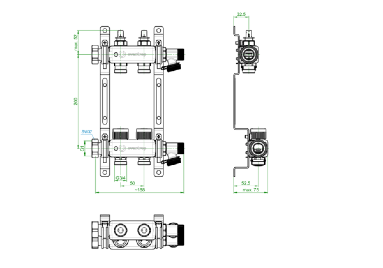 OVENTROP-Multidis SFQ Edelstahlverteiler mit Durchflussindikator 2 Kreise