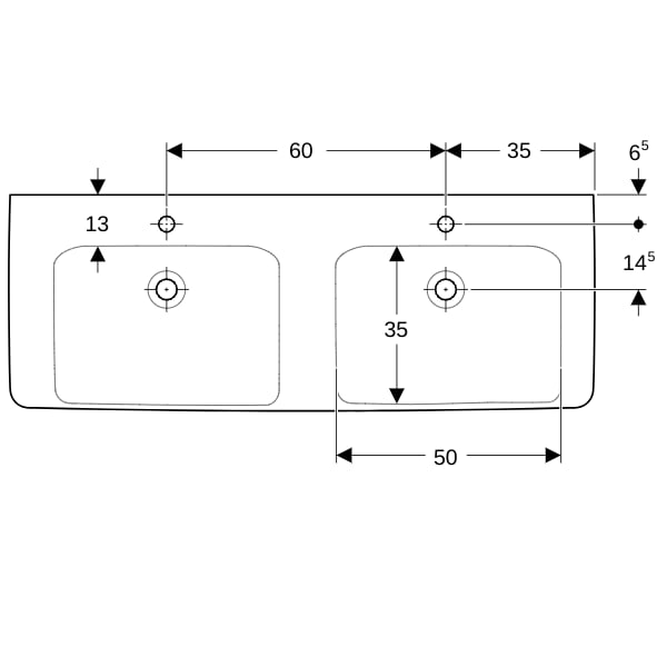 Geberit Renova Plan Doppelwaschtisch 130x48cm m. Hl., o. Ül., weiß, KeraTect