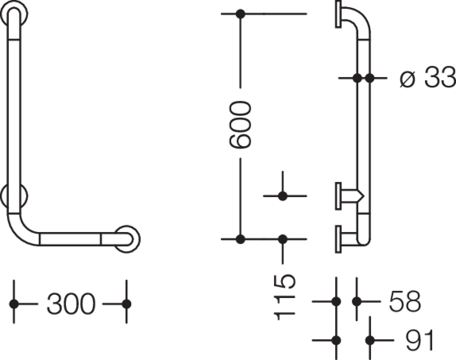 HEWI Winkelgriff Ser 801,d:33,Alu.-Kern, AM:600mm, W:300mm reinweiß