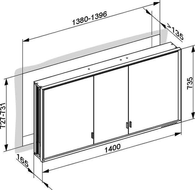 KEUCO SPS R. Lumos 14316, ohne Ablagef., Einbau, silb-elox., 1400x735x165mm