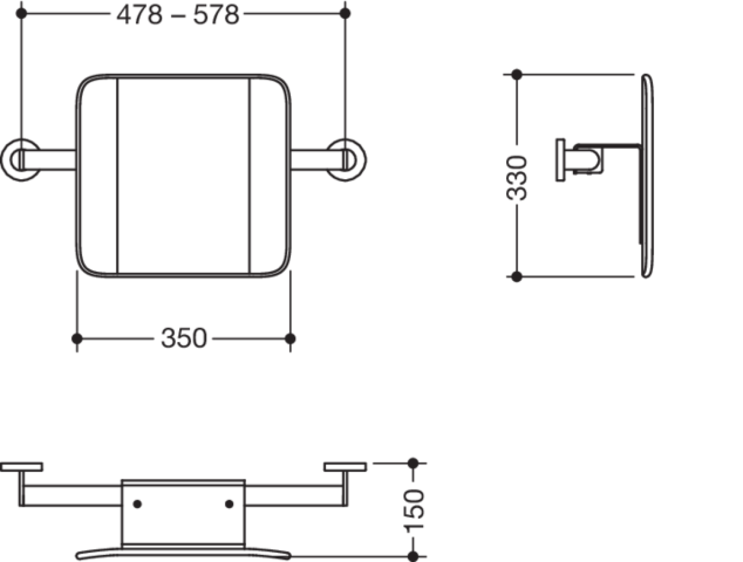 HEWI Rückenstütze (BS) Sys 900, W.-Mont. T:150, chrom signalweiß
