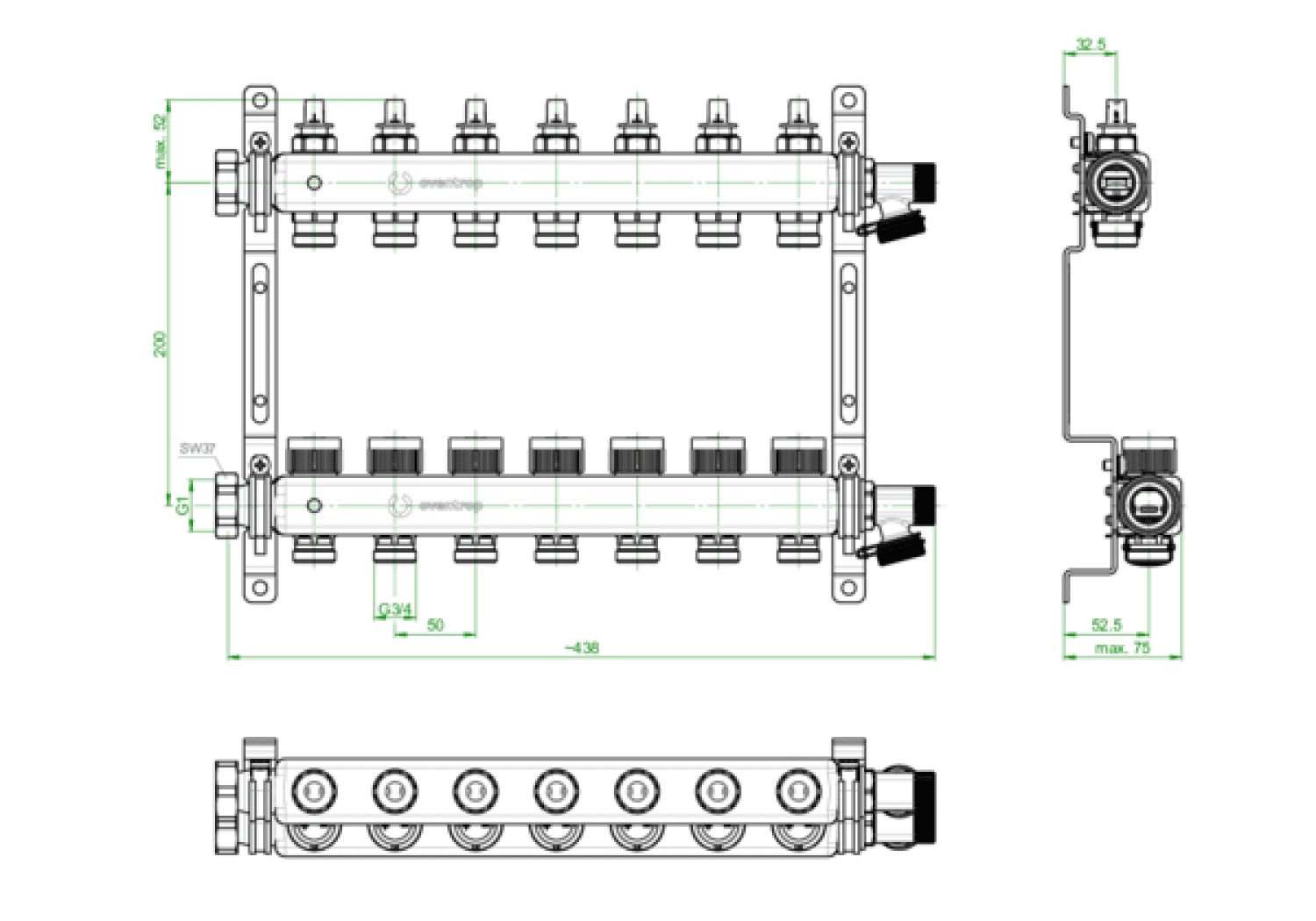 OVENTROP-Multidis SFQ Edelstahlverteiler mit Durchflussindikator 7 Kreise