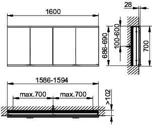 KEUCO Royal Modular 2.0 SPS, bel. 80041, Einb,2Steckd/USB,sb-elox,1600x700x120mm