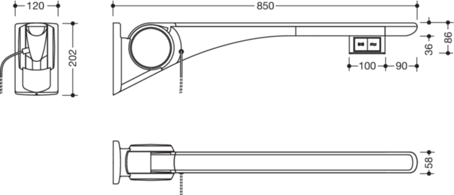 HEWI Stützklappgriff Basic,850 mm,links Spül/FT(E-Ausf.) weiß hochgl.- weiß matt