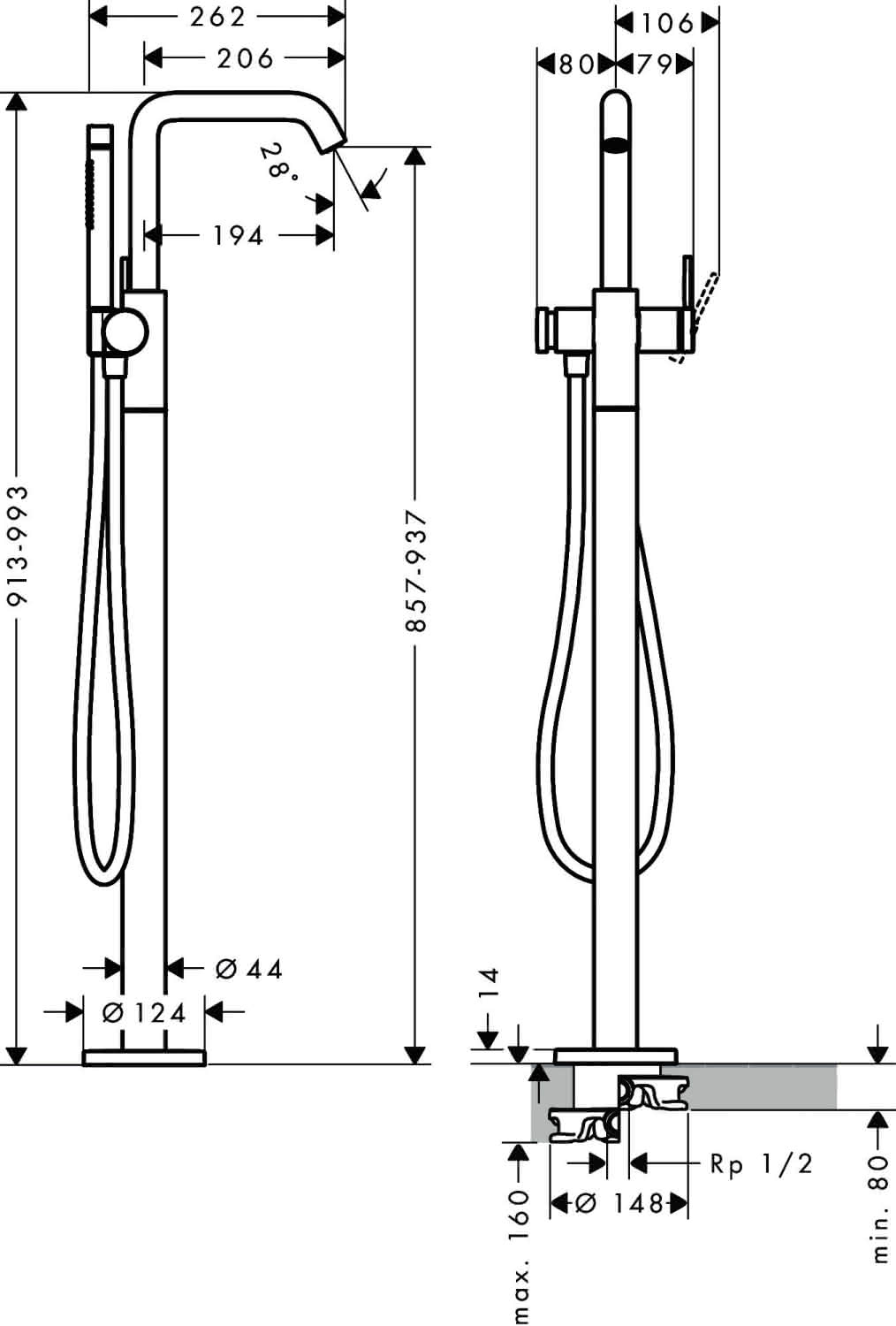 Hansgrohe Wannenmischer Tecturis S bodenstehend chrom