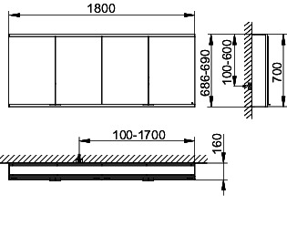 KEUCO Royal Modular 2.0 SPS, bel. 80041, Vorb,oSteckd,sb-elox,1800x700x160mm