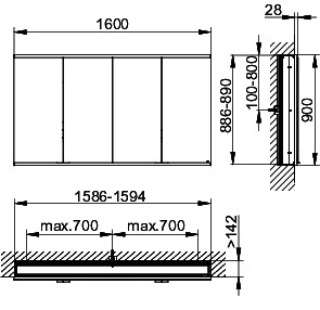 KEUCO Royal Modular 2.0 SPS, bel. 80041, Einb,4Steckd,sb-elox,1600x900x160mm