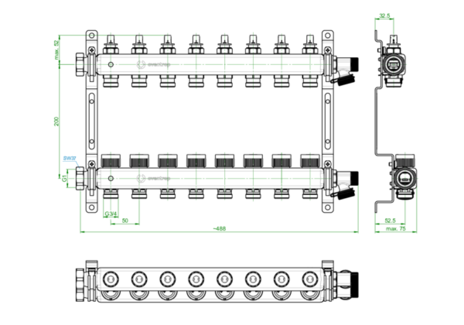OVENTROP-Multidis SFQ Edelstahlverteiler mit Durchflussindikator 8 Kreise