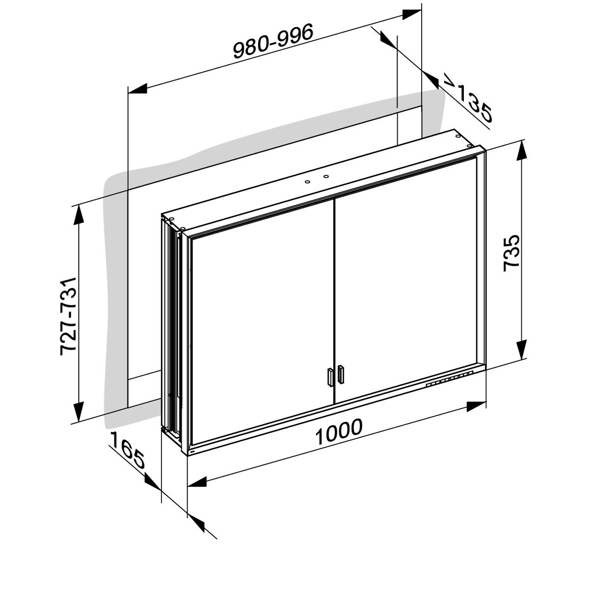 KEUCO SPS R. Lumos 14314, ohne Ablagef., Einbau, silb-elox., 1000x735x165mm
