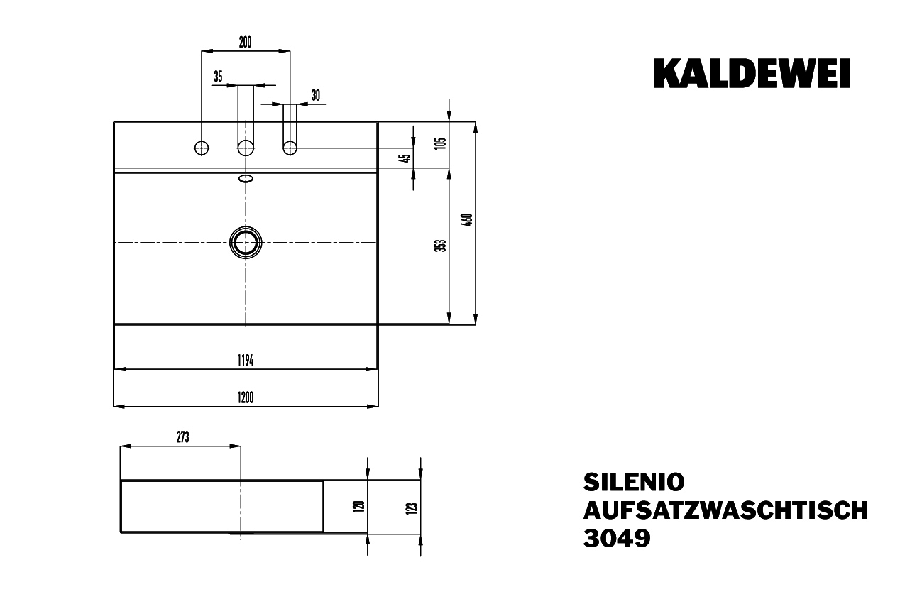 KA Aufsatzwaschtisch SILENIO Mod.3049, 1200x460, alpinweiß,PEFF,AD,m. 3HL,oÜL