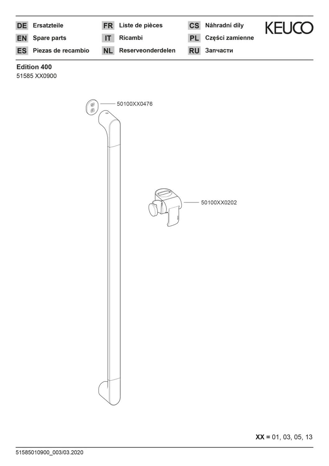 KEUCO Brausestange Edition 400 51585, Brauseschieber, 900 mm, verchromt
