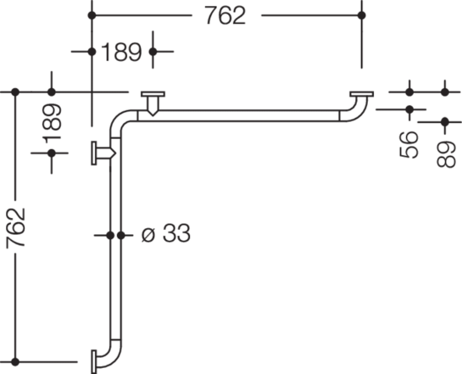 HEWI Dusch-Wannenhdl.,W1:762mm,W2:762mm d:33, chromoptisch beschichtet