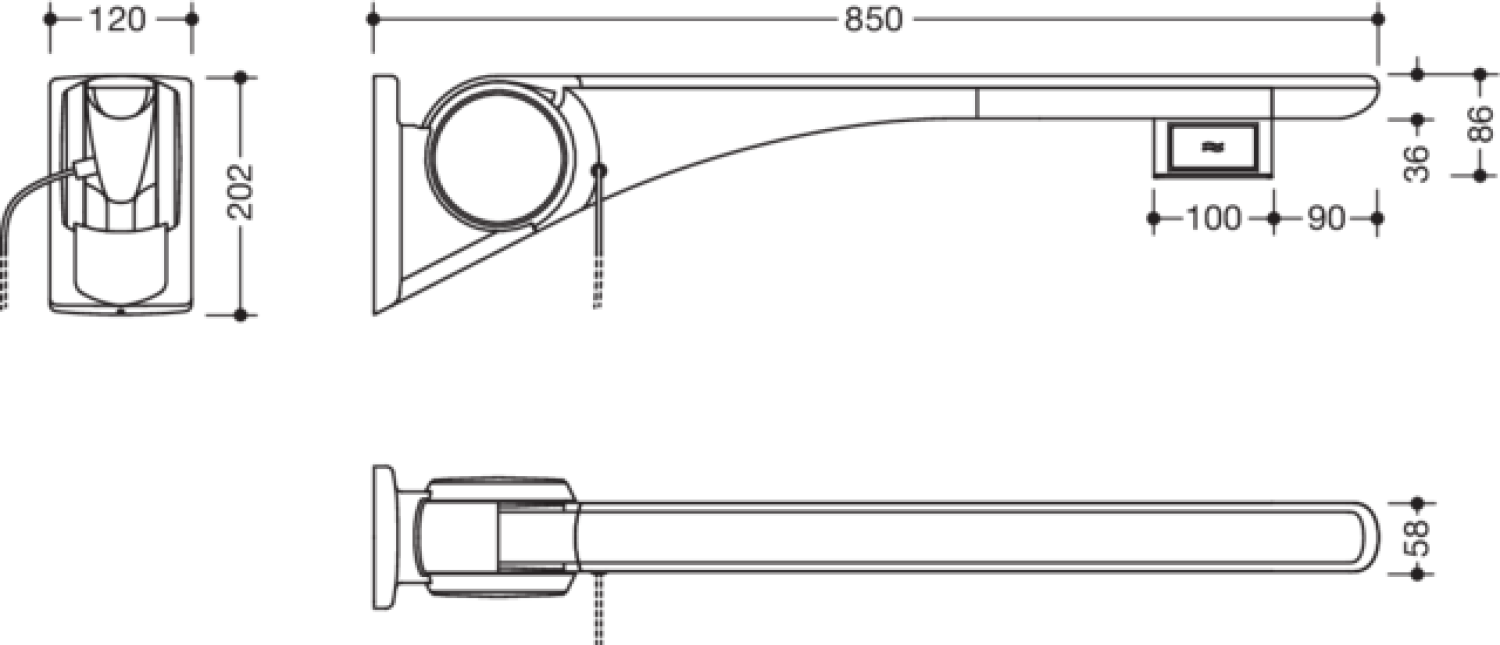 HEWI Stützklappgriff Basic,850 mm,links Spülausl.(E-Ausf.) weiß hgl.- weiß mt