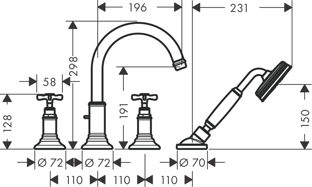 Hansgrohe 4-Loch Wannenarmatur Axor Montreux F-Set f.Wannenrand m.Kreuzgriffen chrom