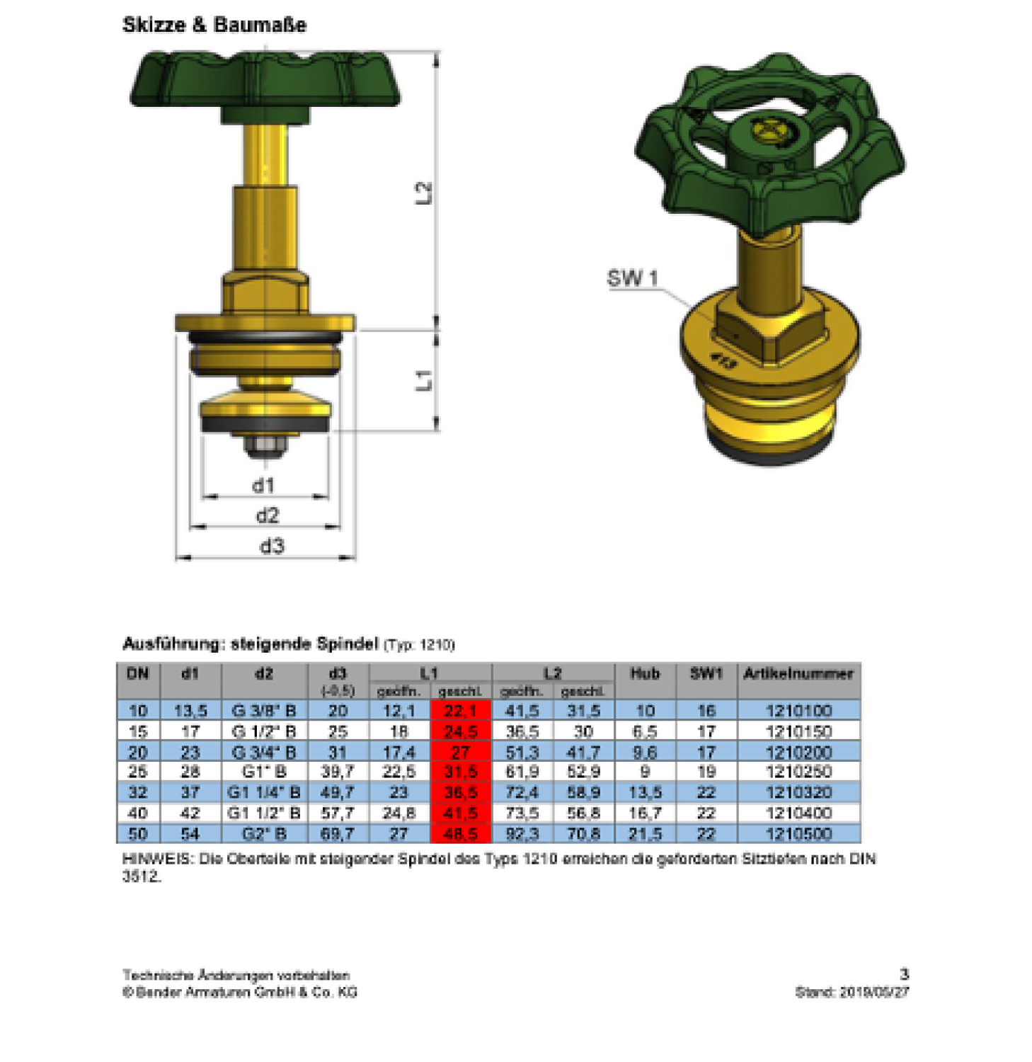 BENDER Oberteil DIN 3519 Typ 1210 DN 40 kurz, für Geradsitz-u.Schrägsitzventile
