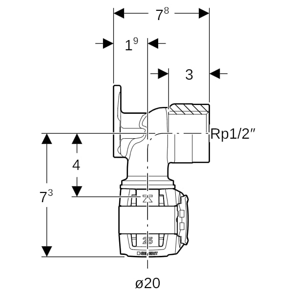 Geberit FlowFit Anschlusswinkel 90Gr Rg+ d20-Rp1/2 L:78mm