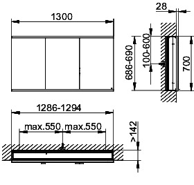 KEUCO Royal Modular 2.0 SPS, bel. 80031, Einb,2Steckd,sb-elox,1300x700x160mm