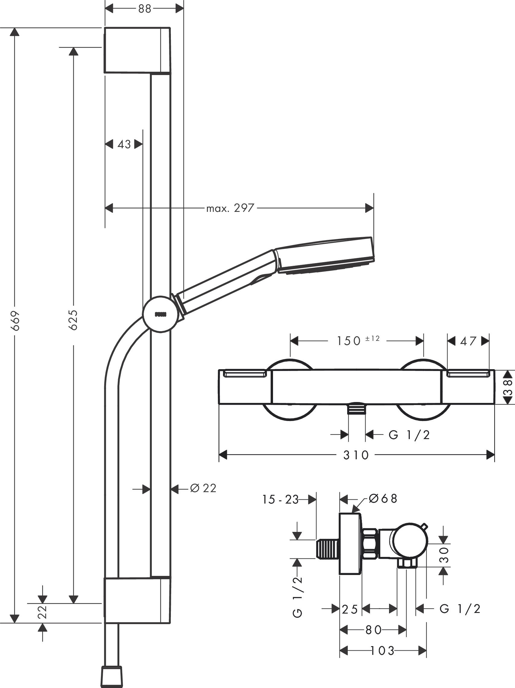Hansgrohe Brausesystem Pulsify Select S 105 3j Eco Relaxation Ecostat Element 650mm MSW
