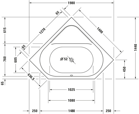 DU D-Code Badew. 5Eck 1400x1400 Einbau Rückenschr.2 L/R, Weiß