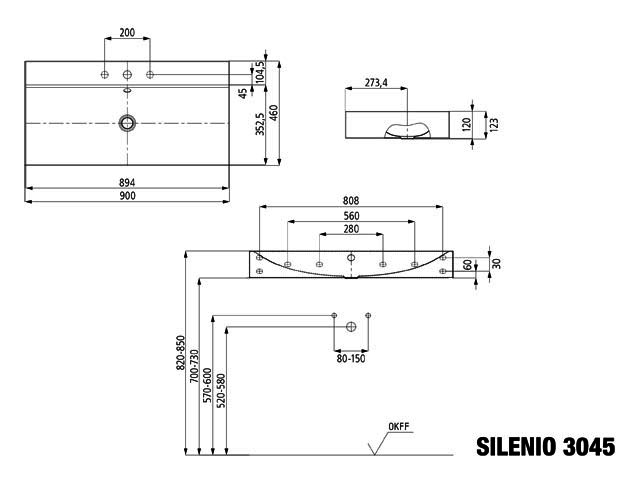 KA WB SILENIO WANDWASCHTISCH Mod.3045, 900x460mm,alpinweiß,PEFF,AD,m. 3HL,oÜL