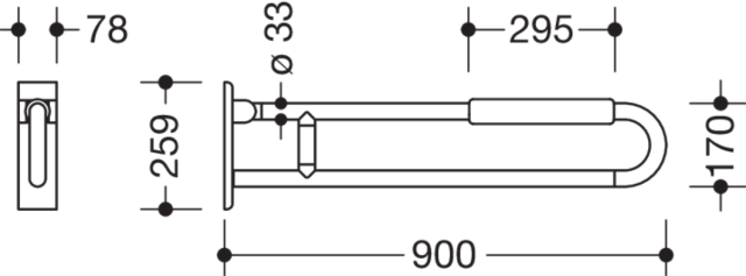 HEWI Stützklappgriff drehb. Ser 801, L:900mm, mit Armpolster felsgrau