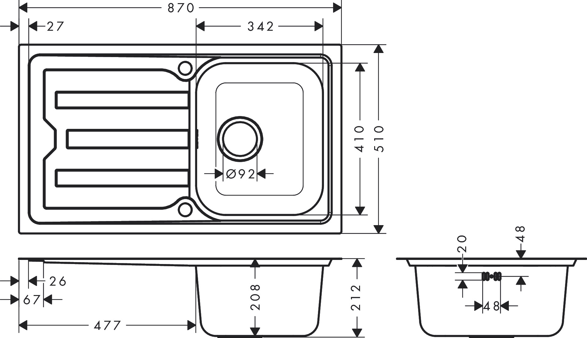 Hansgrohe Einbauspüle S440-F342 86 Abtropffl.  lang autom.Ablaufgarnitur Edelstahl