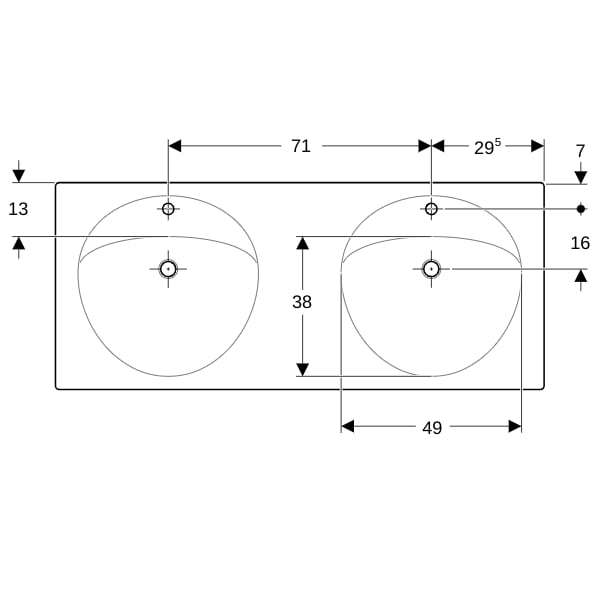 Geberit Preciosa Doppelwaschtisch, 1300x550mm m. zwei Hl., o. Ül., weiß, KeraTect