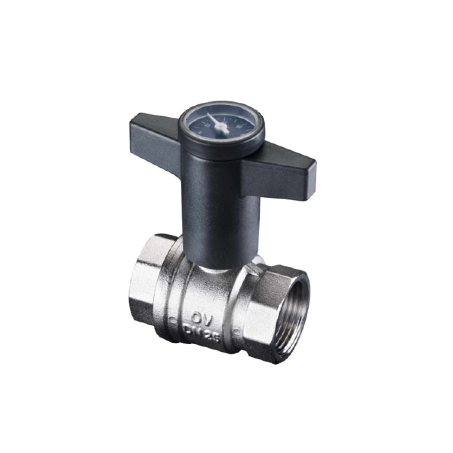 OVENTROP-Kugelhahn "Optibal" mit Thermometer, Knebelgriff, beids. IG 3/8"