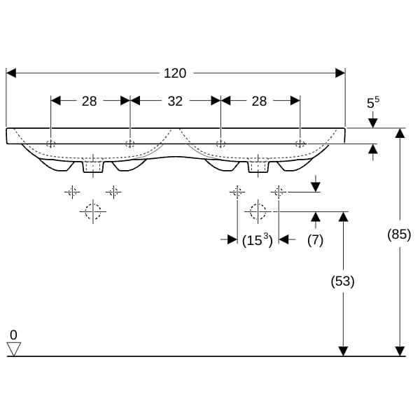 Geberit iCon Light Doppelwaschtisch 120x48cm mit Hahnloch, ohne Überlauf, weiß
