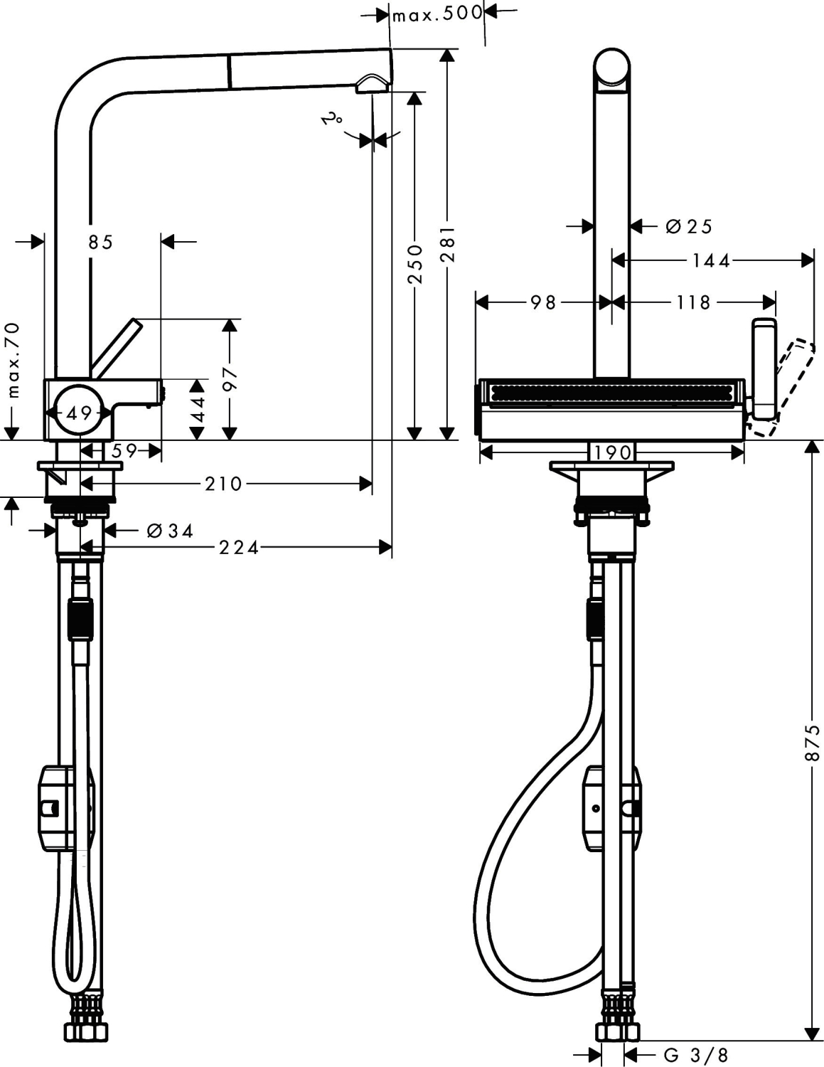Hansgrohe Spültischmischer 250 Aquno Select M81 Ausziehauslauf 2jet steel
