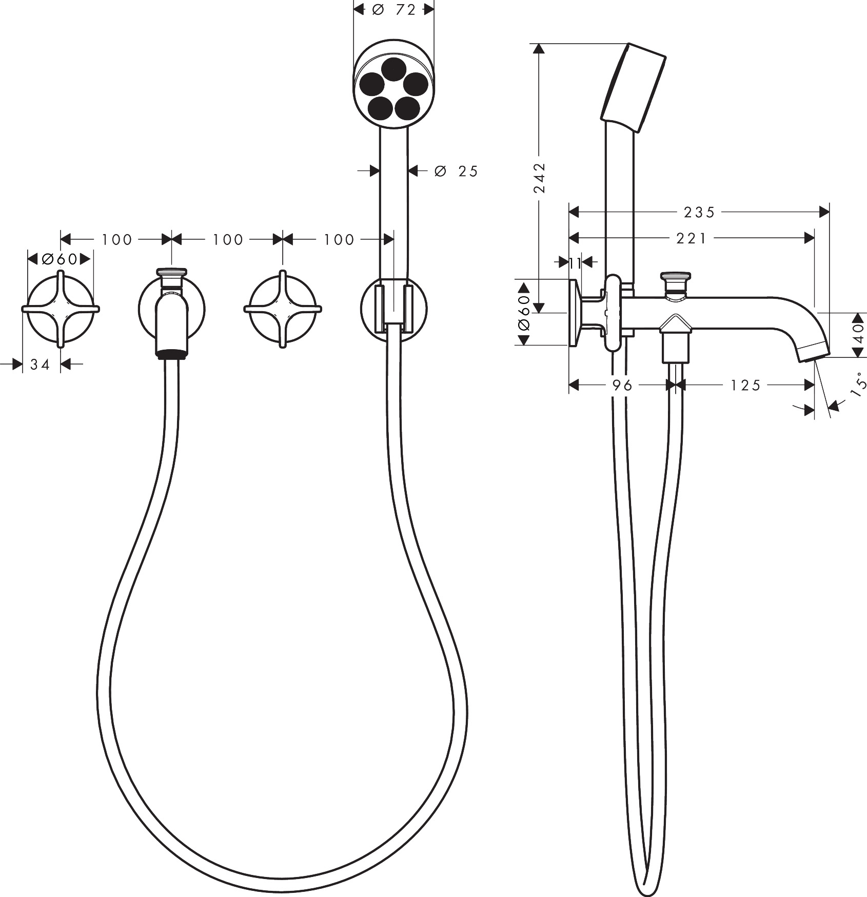 Hansgrohe 3-Loch Wannenarmatur AXOR One Unterputz Wandm.Handbrause Kreuzgr.chr