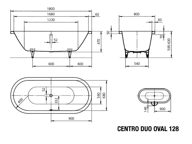 KA BW CENTRO DUO OVAL Mod.128,1800x800mm ,alpinweiß,Perl-Effekt