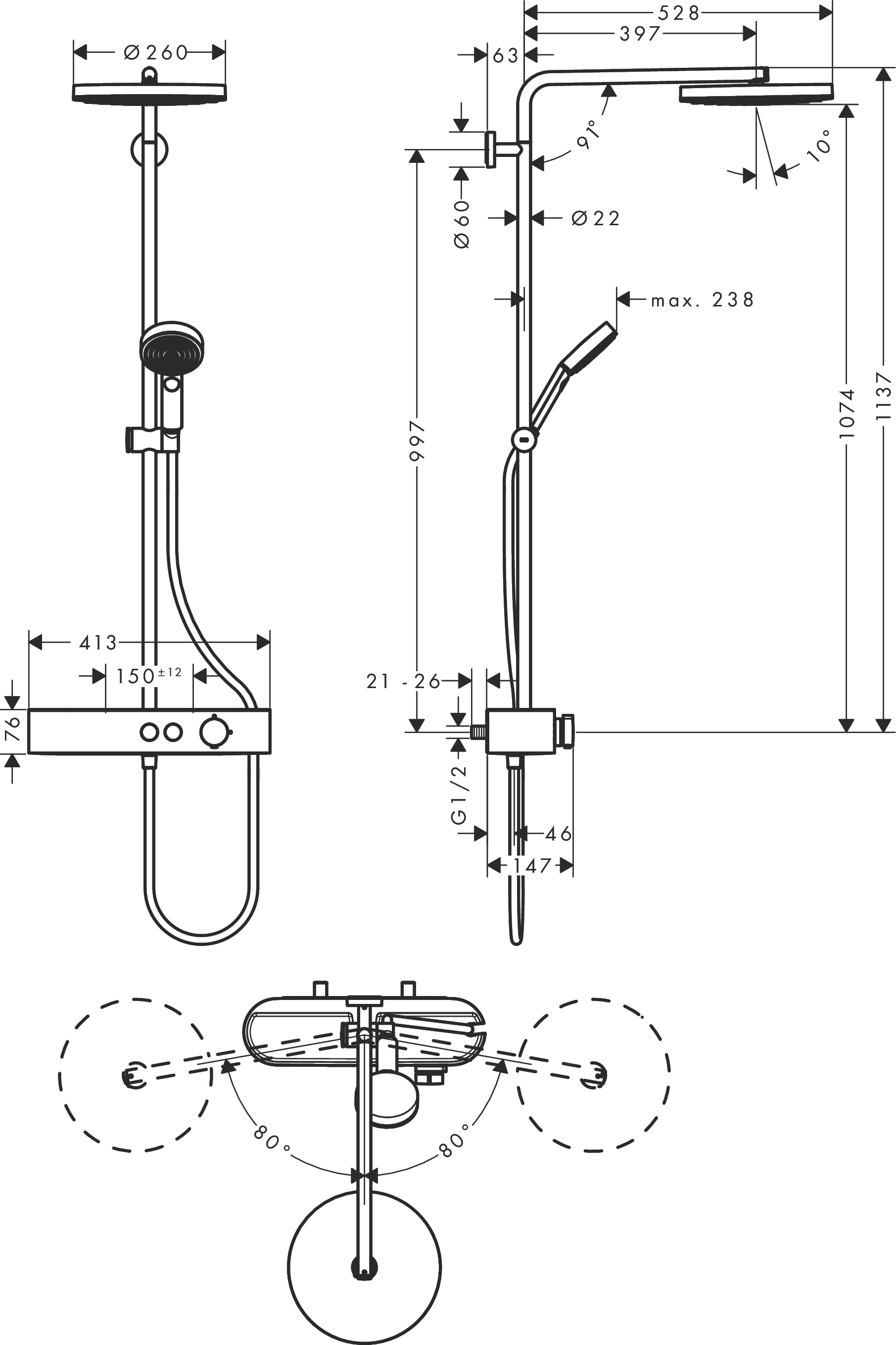 Hansgrohe Showerpipe Pulsify S 260 1jet mit Brausethermostat Aufputz chrom Hansgrohe Showerpipe Pulsify S 260 1jet mit Brausethermostat Aufputz chrom