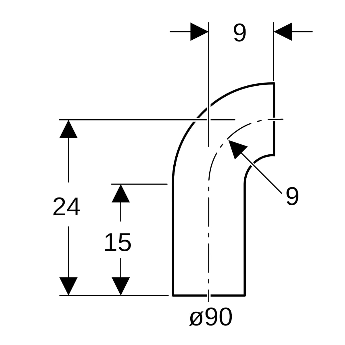 Geberit PE Bogen 90Gr mit langem Schenkel d90
