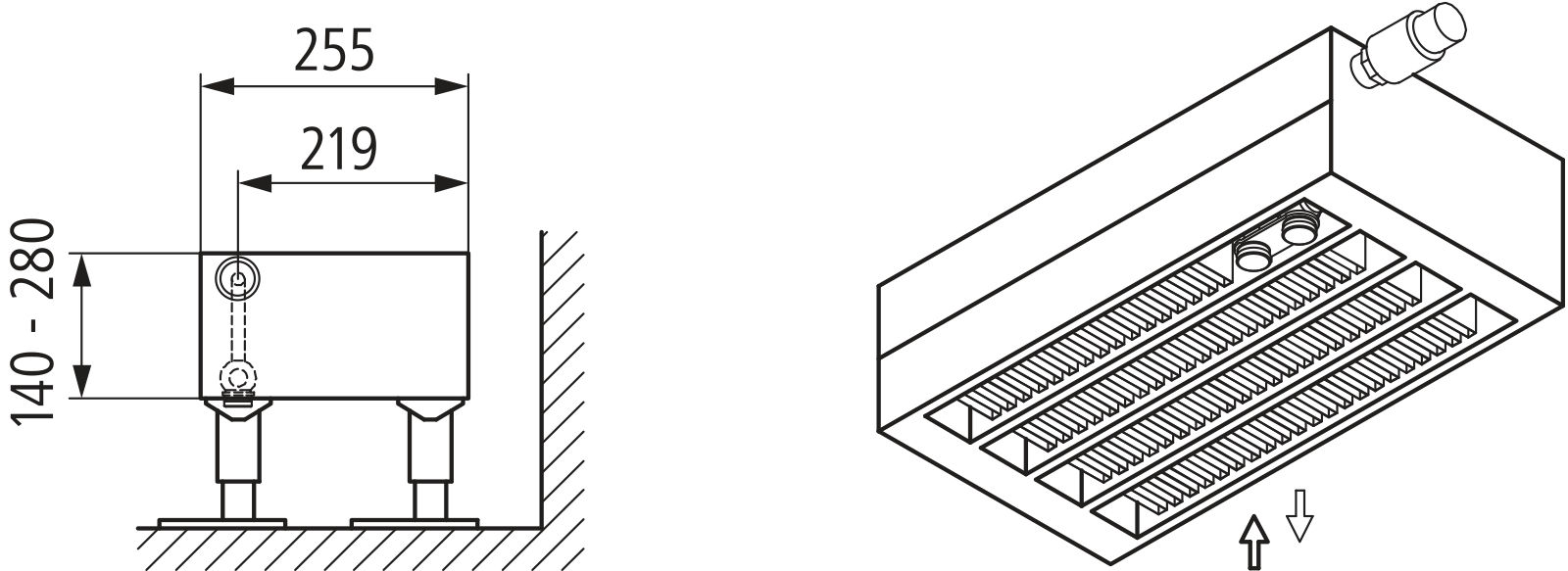 Kermi V-Konvektor Typ54 BH280x255x2000mm QN4790, RAL9016, 6 bar, m. Abd, Vent. re